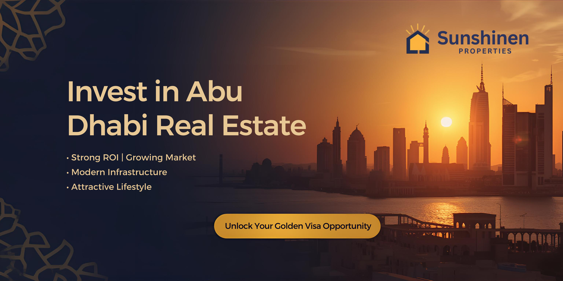 Advertisement for real estate investment in Abu Dhabi. Sunset over the city.