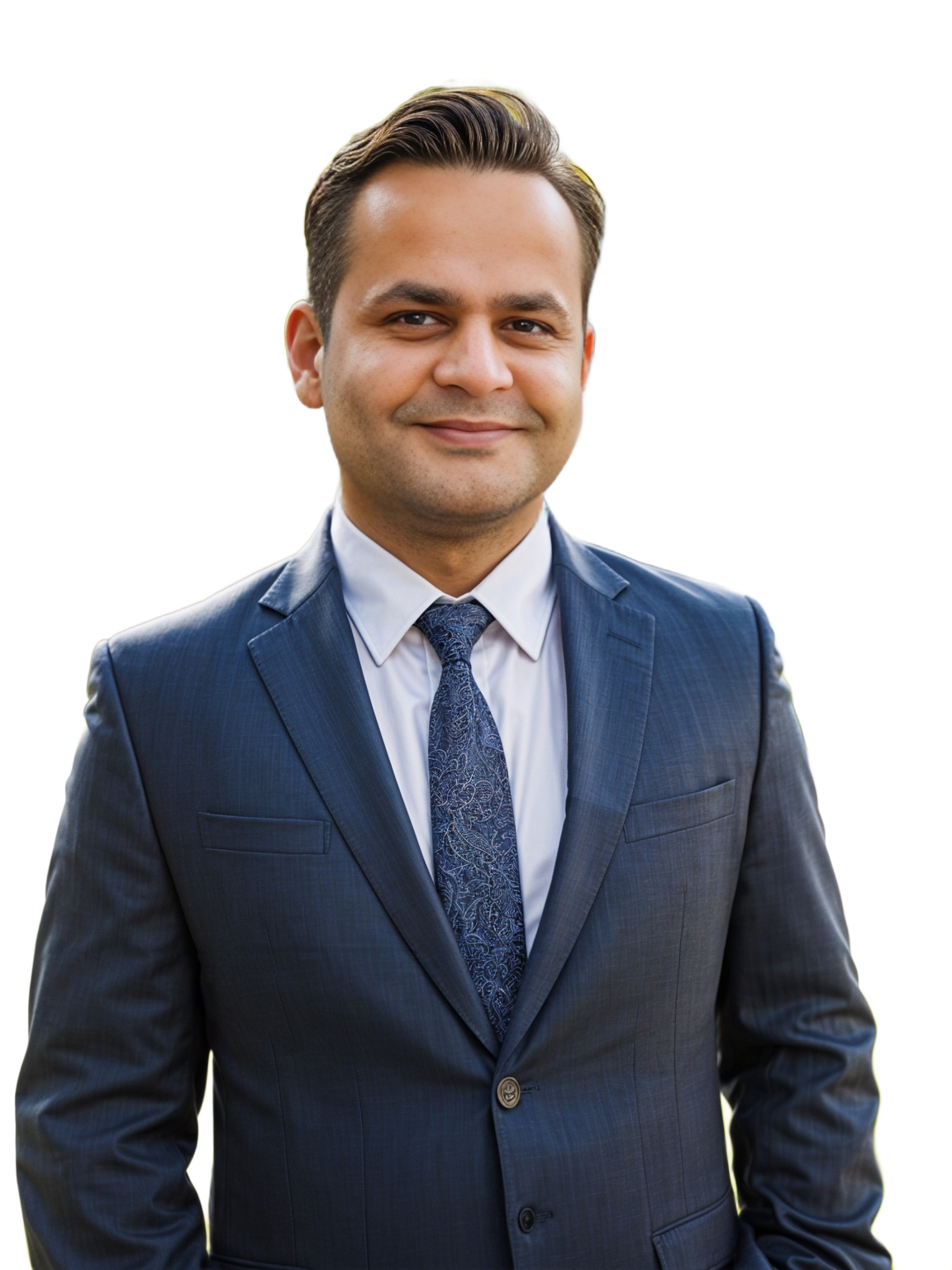Man in a blue suit and patterned tie, smiling, posed against a white background.