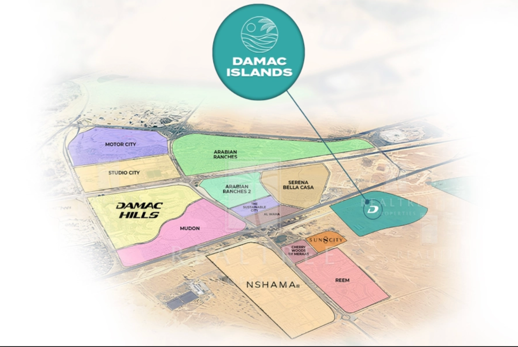 Map of Damac Islands and surrounding developments, with color-coded zones and labels.