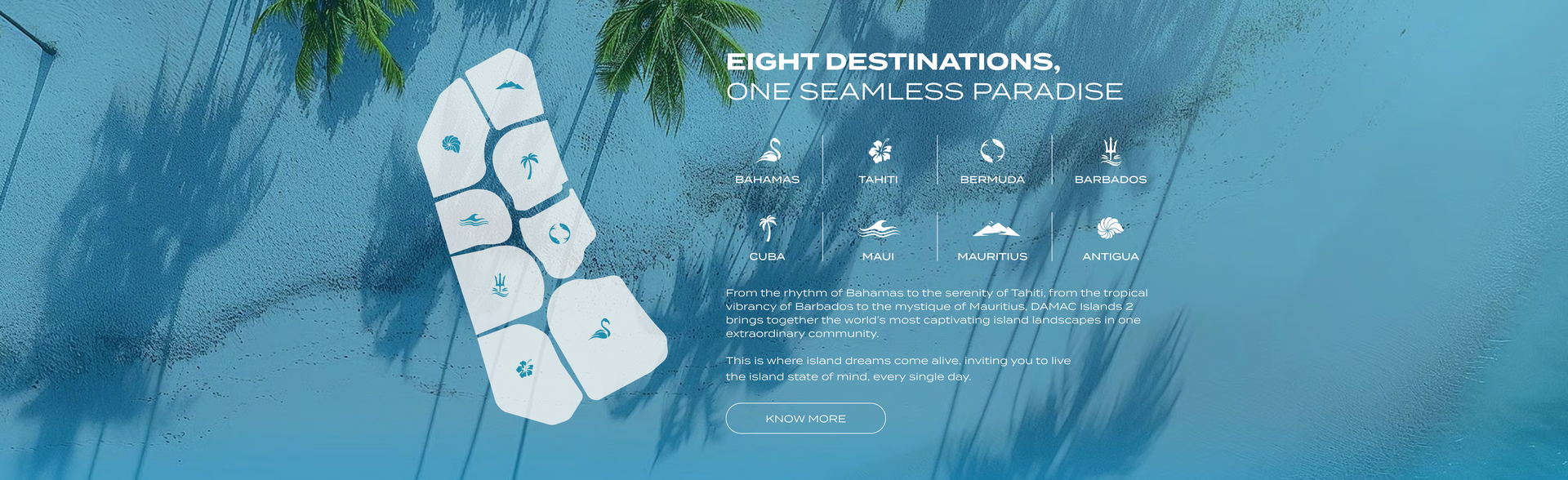 Blue background with white stones. Text: Flight Destinations.  Icon examples.