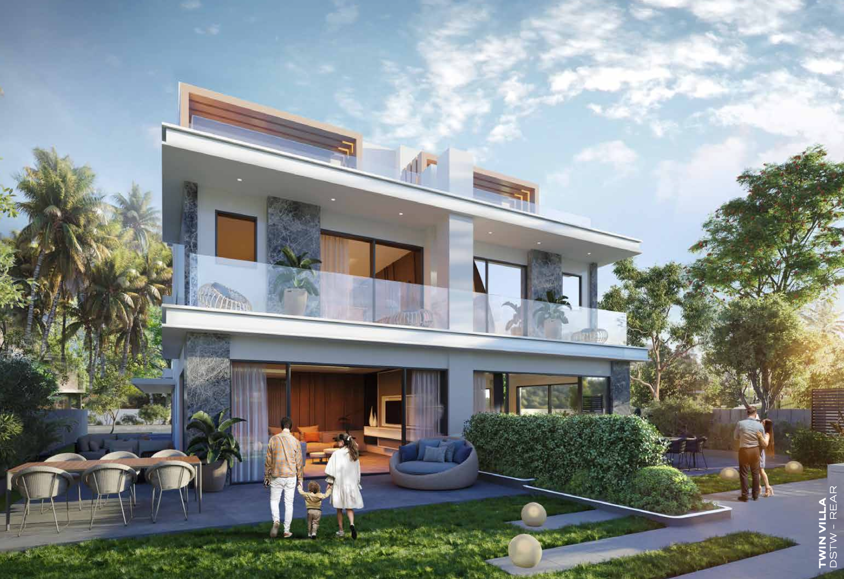 Modern two-story house with balcony, lush garden, and people walking. Sunny day.