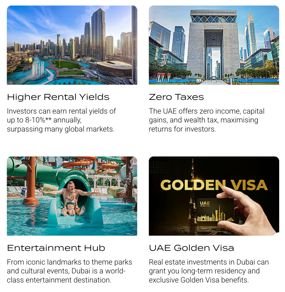 Four images promoting Dubai real estate: city skyline, archway, water park, and a Golden Visa card.