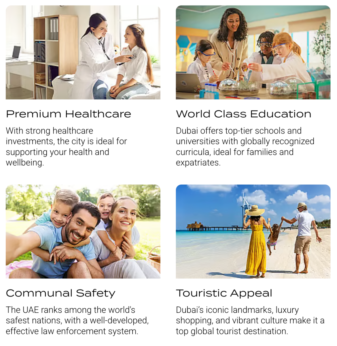 Four images showcasing healthcare, education, safety, and tourism. Text highlights Dubai's benefits.