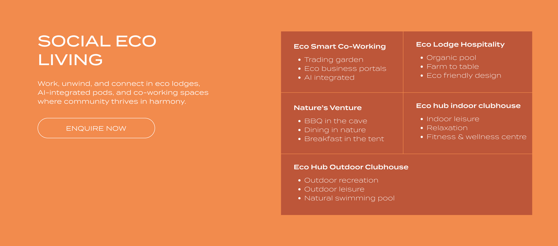 Social Eco Living concept in orange and brown with a list of bullet points.