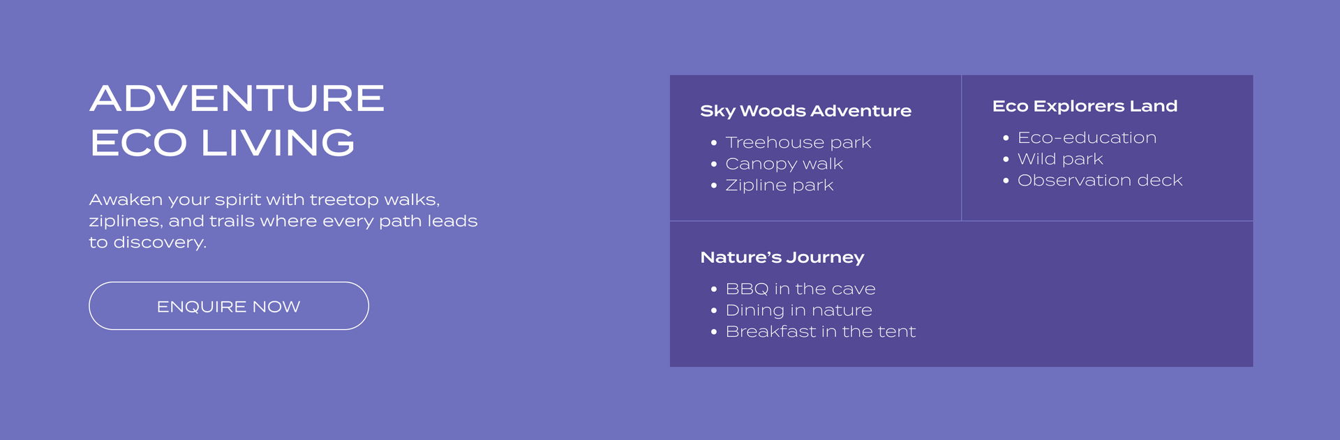 Website layout with text: Adventure Eco Living, with a button, and three text blocks with bullet points.