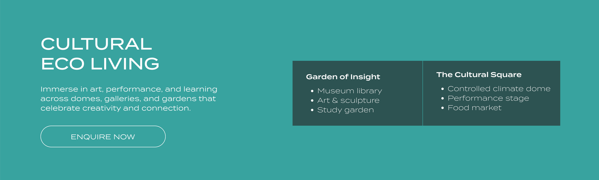 Text about cultural eco-living with bullet points in dark boxes against a teal background.