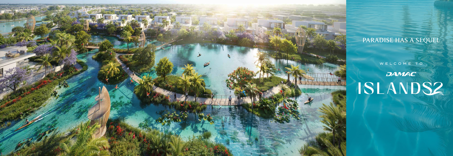 Aerial view of lagoon with islands and text 