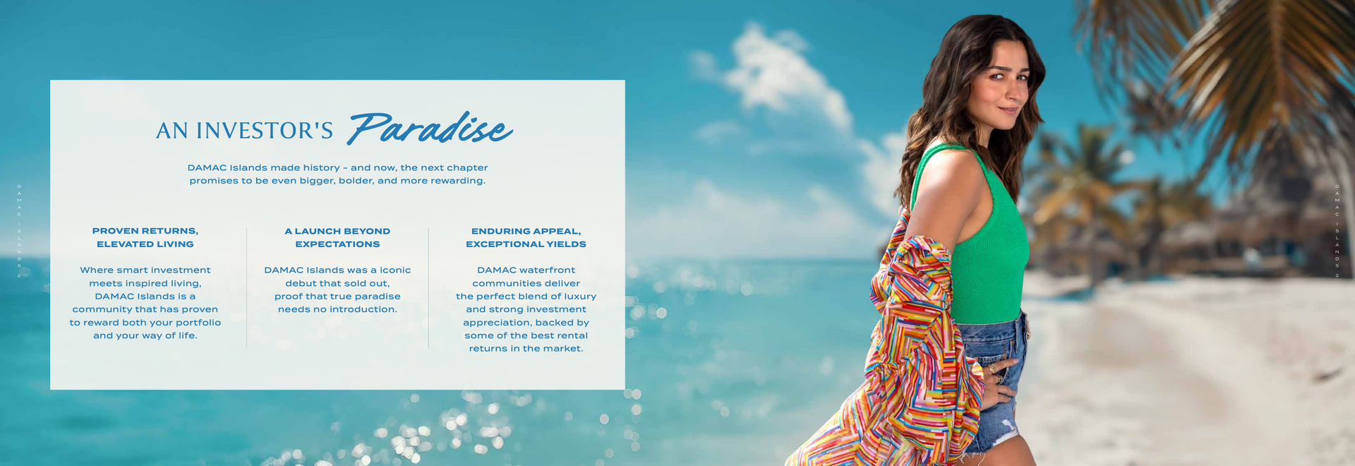 Woman on a beach wearing a green top, denim shorts, and colorful shawl. Text on left side 