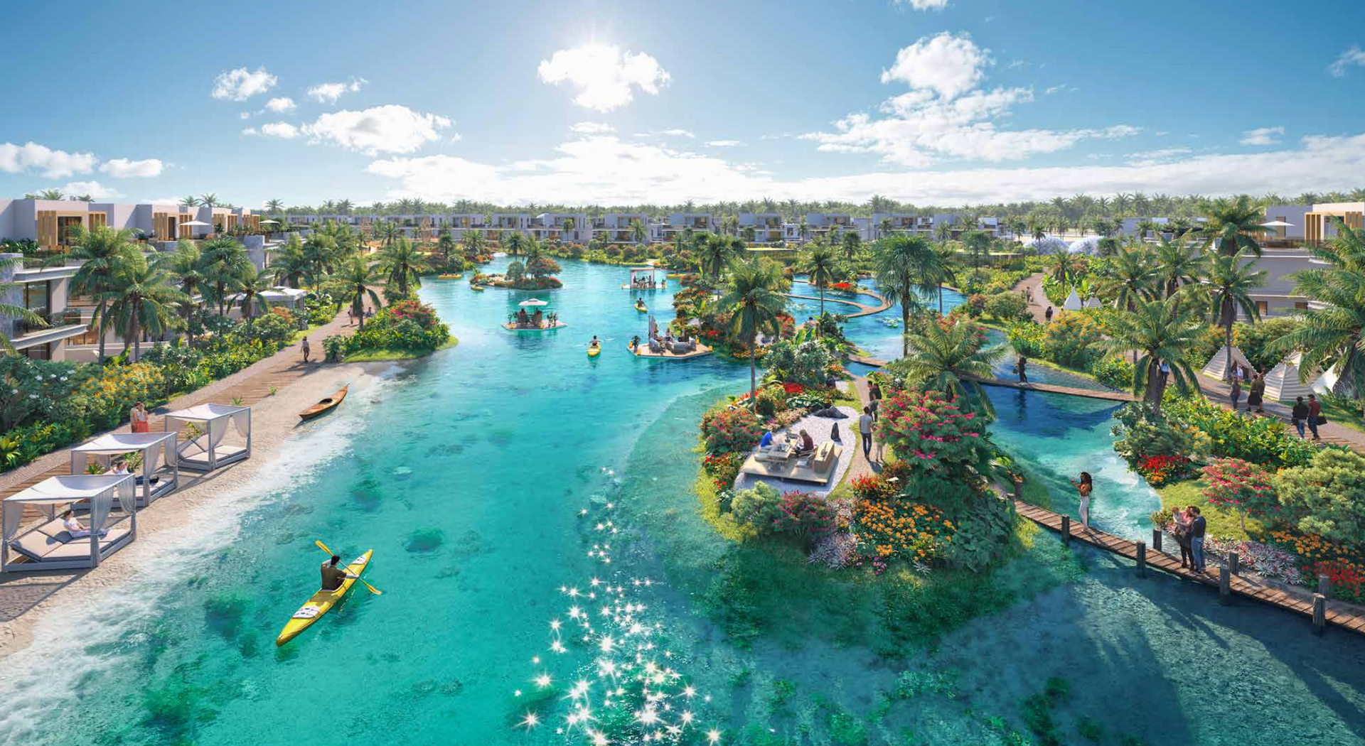 Lush resort with turquoise water, kayakers, small islands, palm trees, and sunny sky.