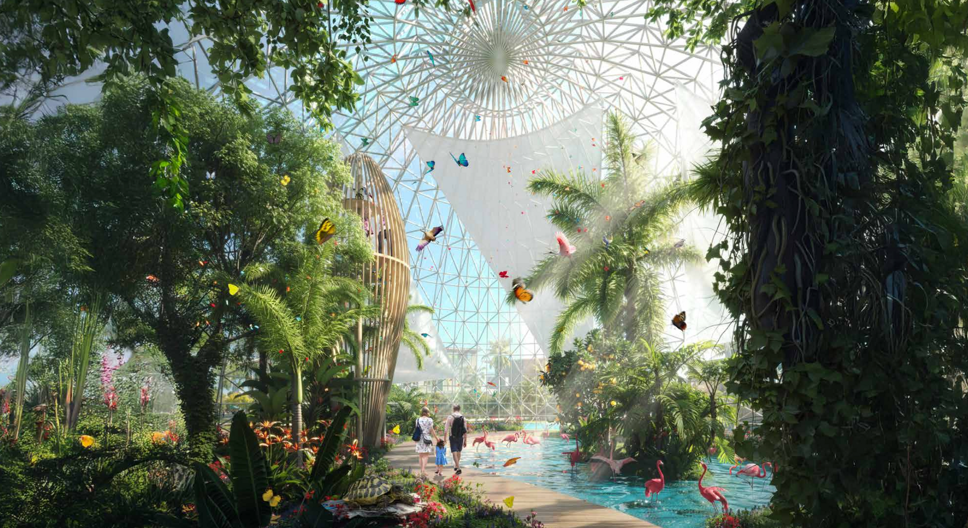 Lush garden with a large domed structure in the background. People walk near water with flamingos and butterflies.