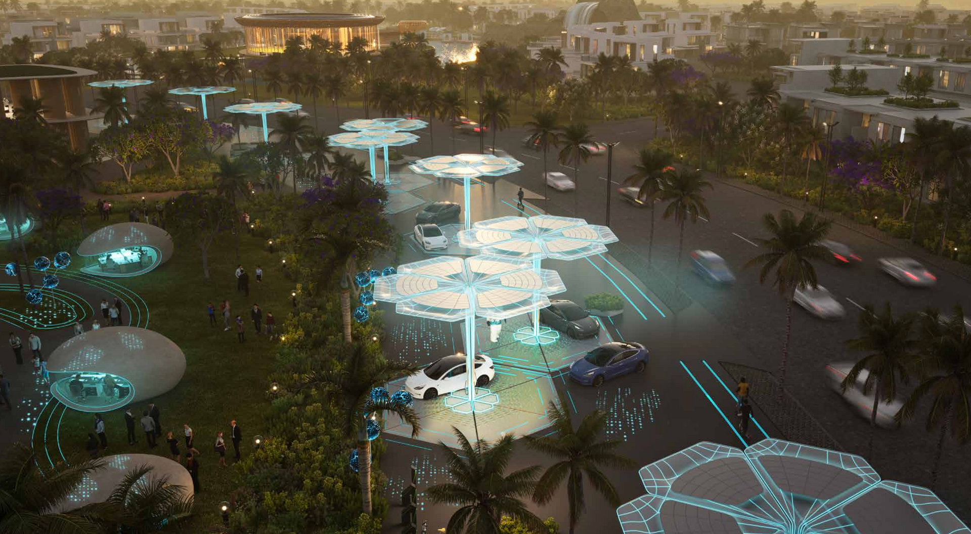 A futuristic city scene with solar-powered charging stations and electric vehicles under glowing canopies.