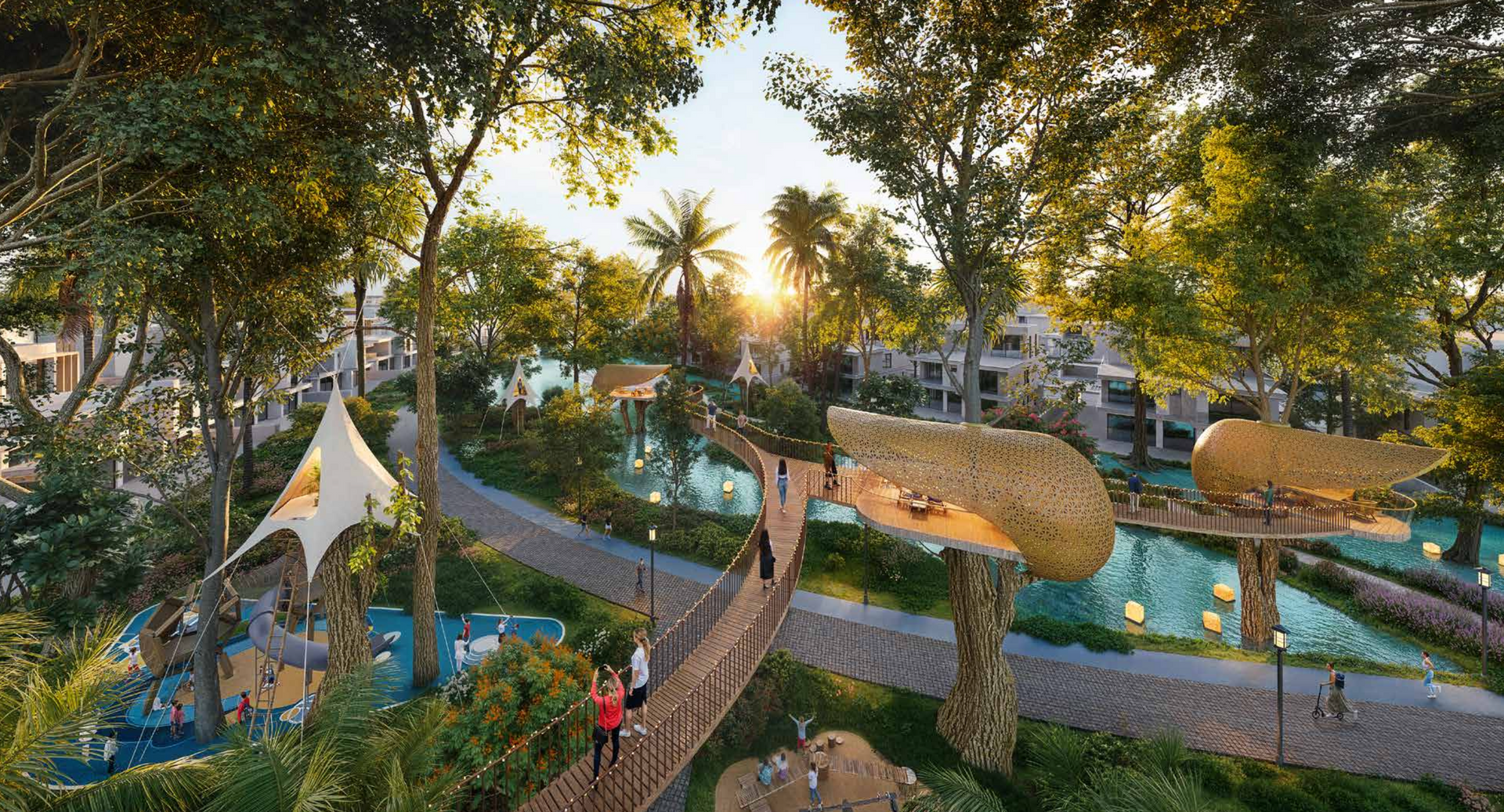 A park with whimsical mushroom-like structures, a rope bridge, and people walking, illuminated by sunlight.