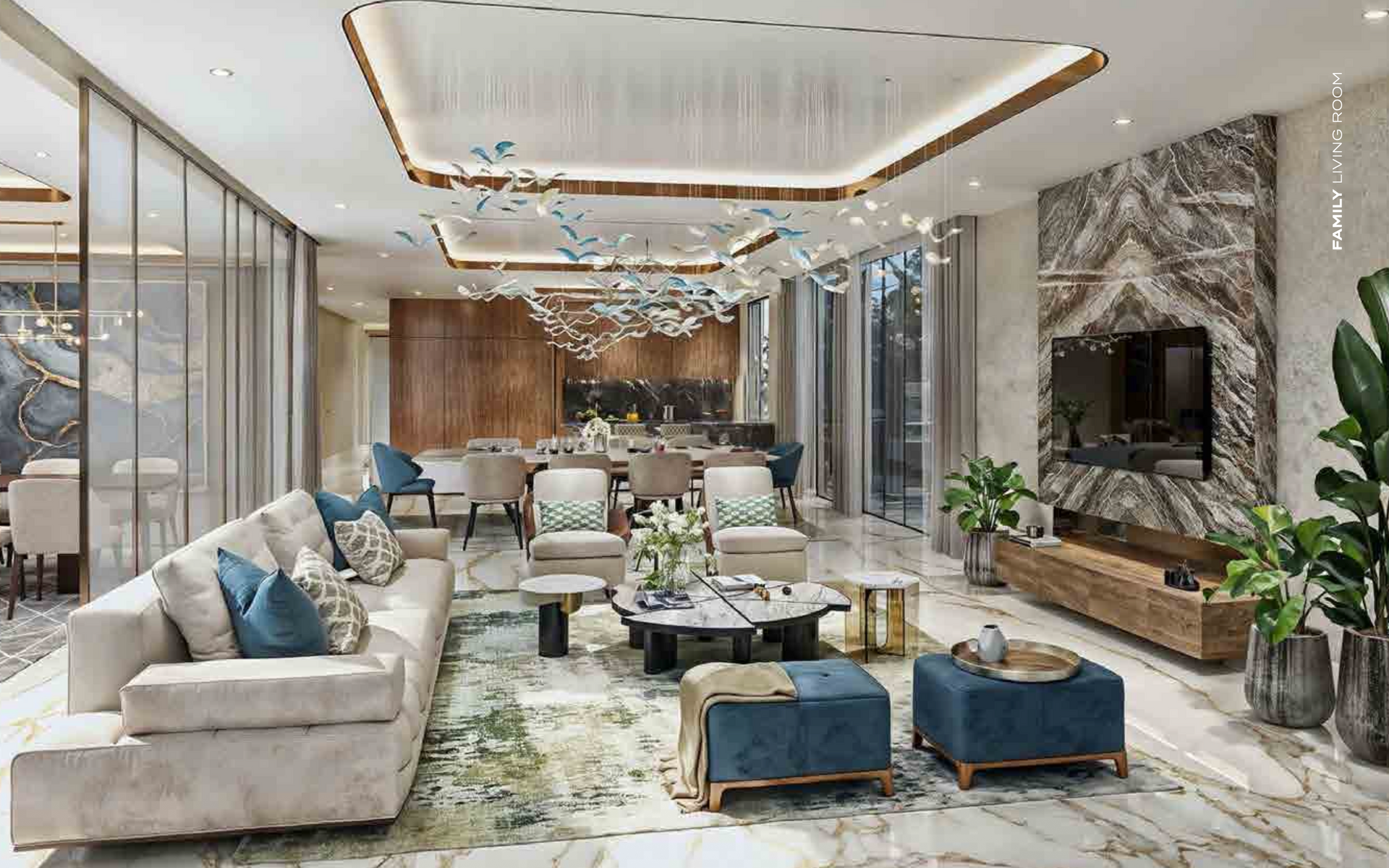 Luxurious living room with modern decor. Includes a sofa, marble accents, and a dining area.