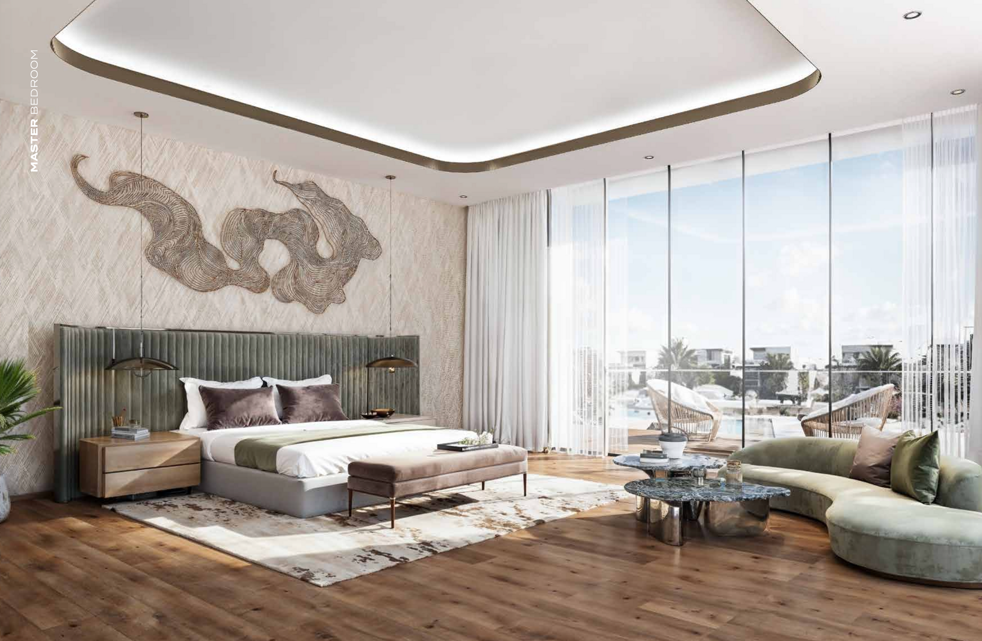 Luxurious bedroom with large windows, modern furniture, and a textured accent wall.