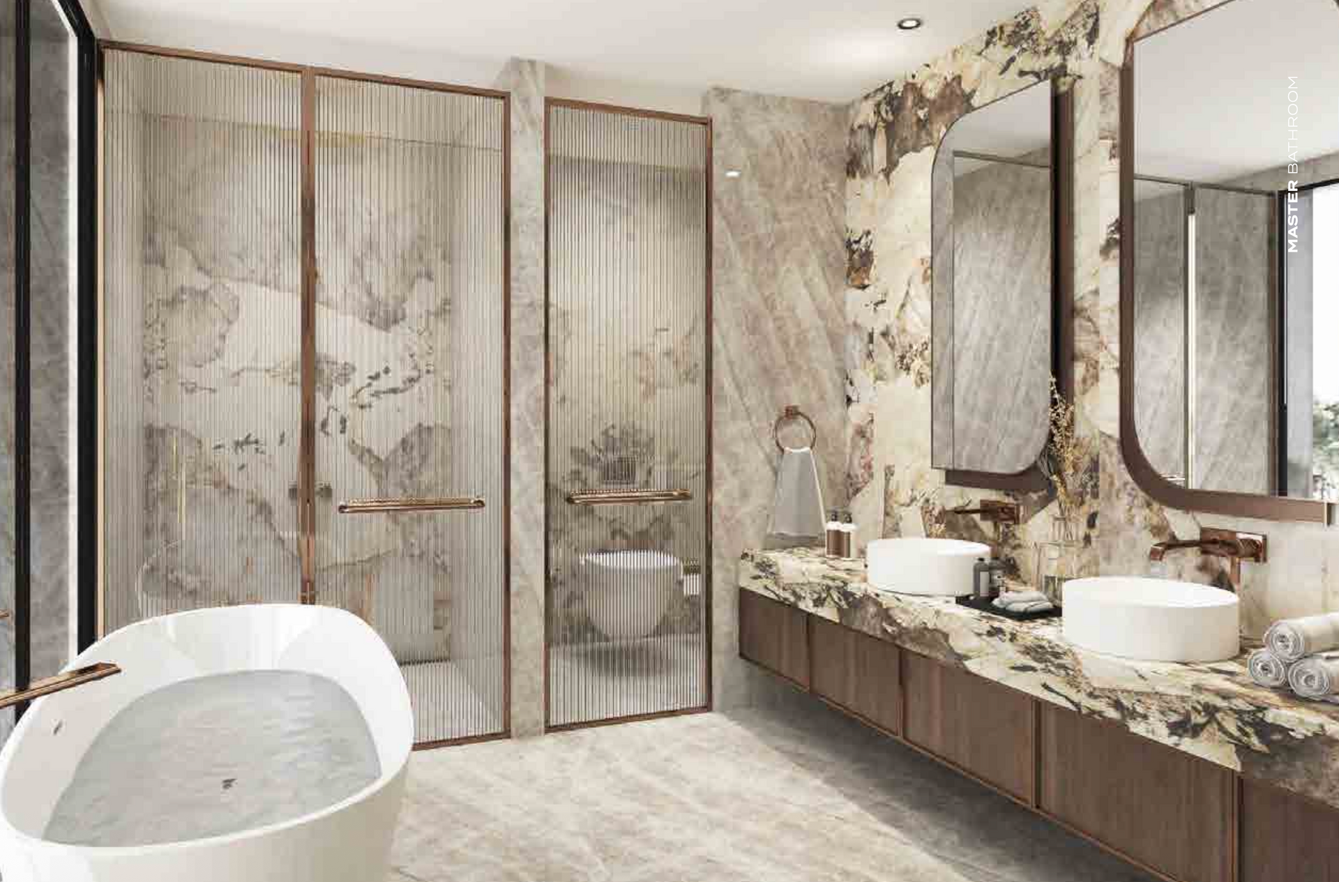 Luxurious bathroom with marble walls and countertop, freestanding tub, glass shower doors, and wood vanity.