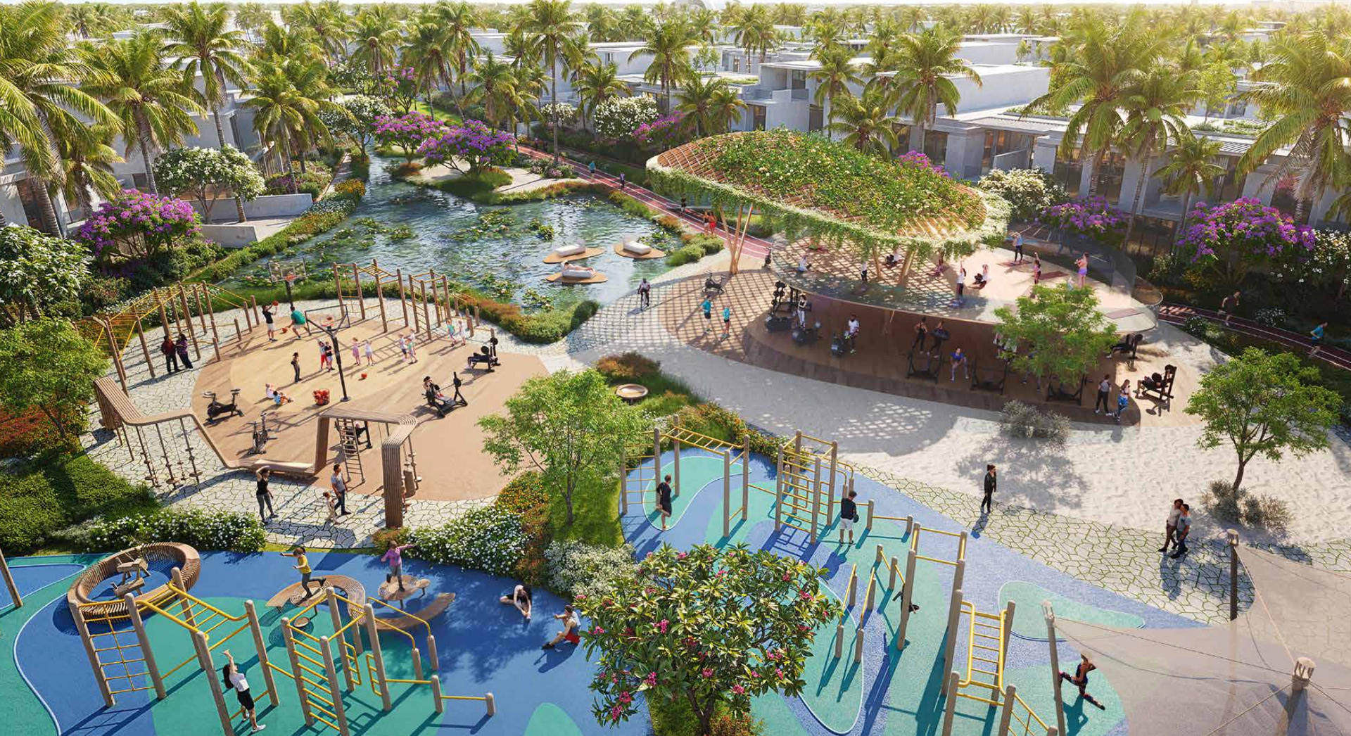 Aerial view of a vibrant park with playground equipment, pond, and people interacting. Lush greenery and palm trees surround.