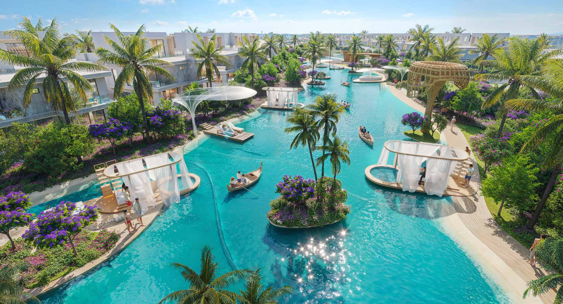 Tropical lagoon with boats, palm trees, and white cabanas.