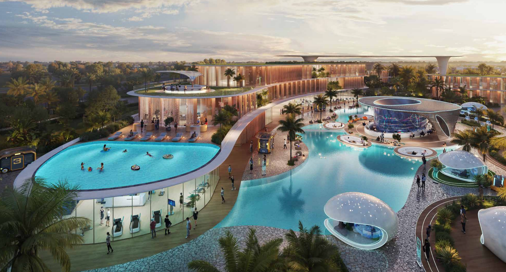 Rendering of a water park with pools, buildings, palm trees, and people.