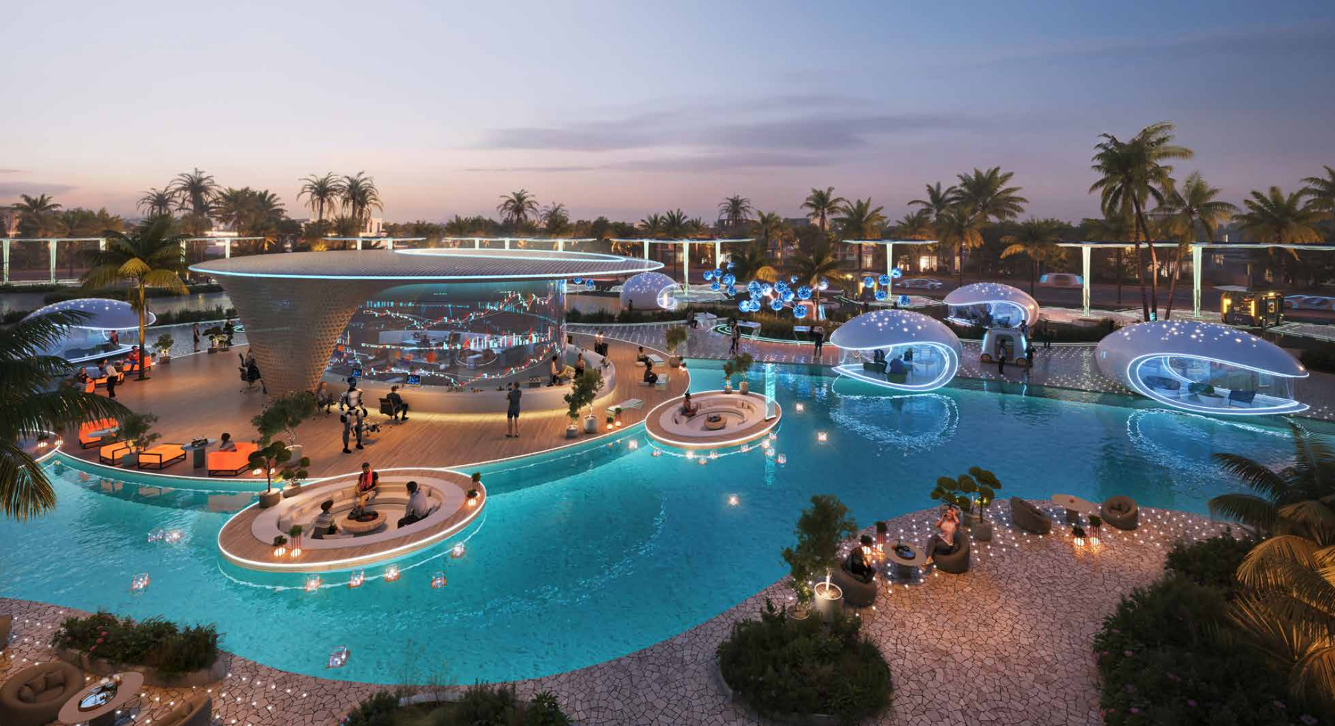 Night view of a resort with a pool, bar, and dome-shaped seating. Palm trees and lights illuminate the scene.