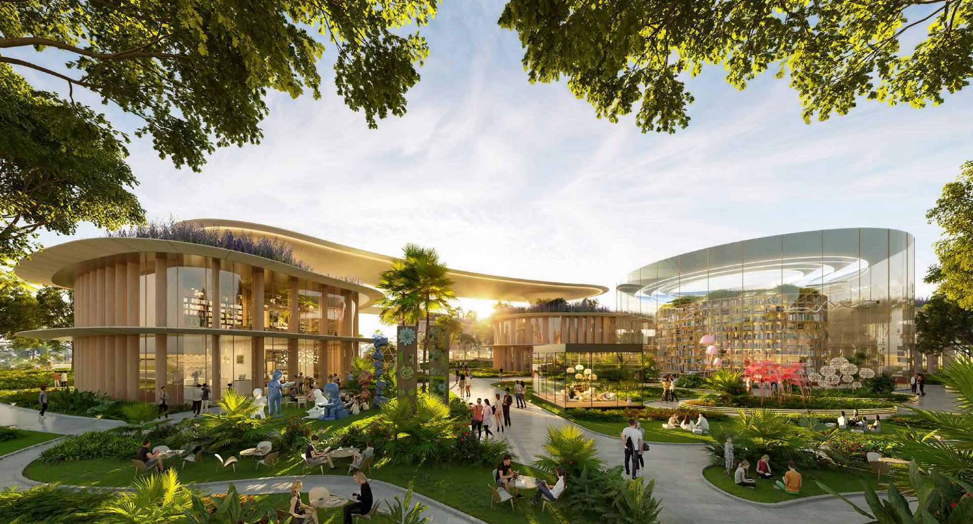 Park with modern buildings, lush gardens, and people enjoying the outdoors on a sunny day.