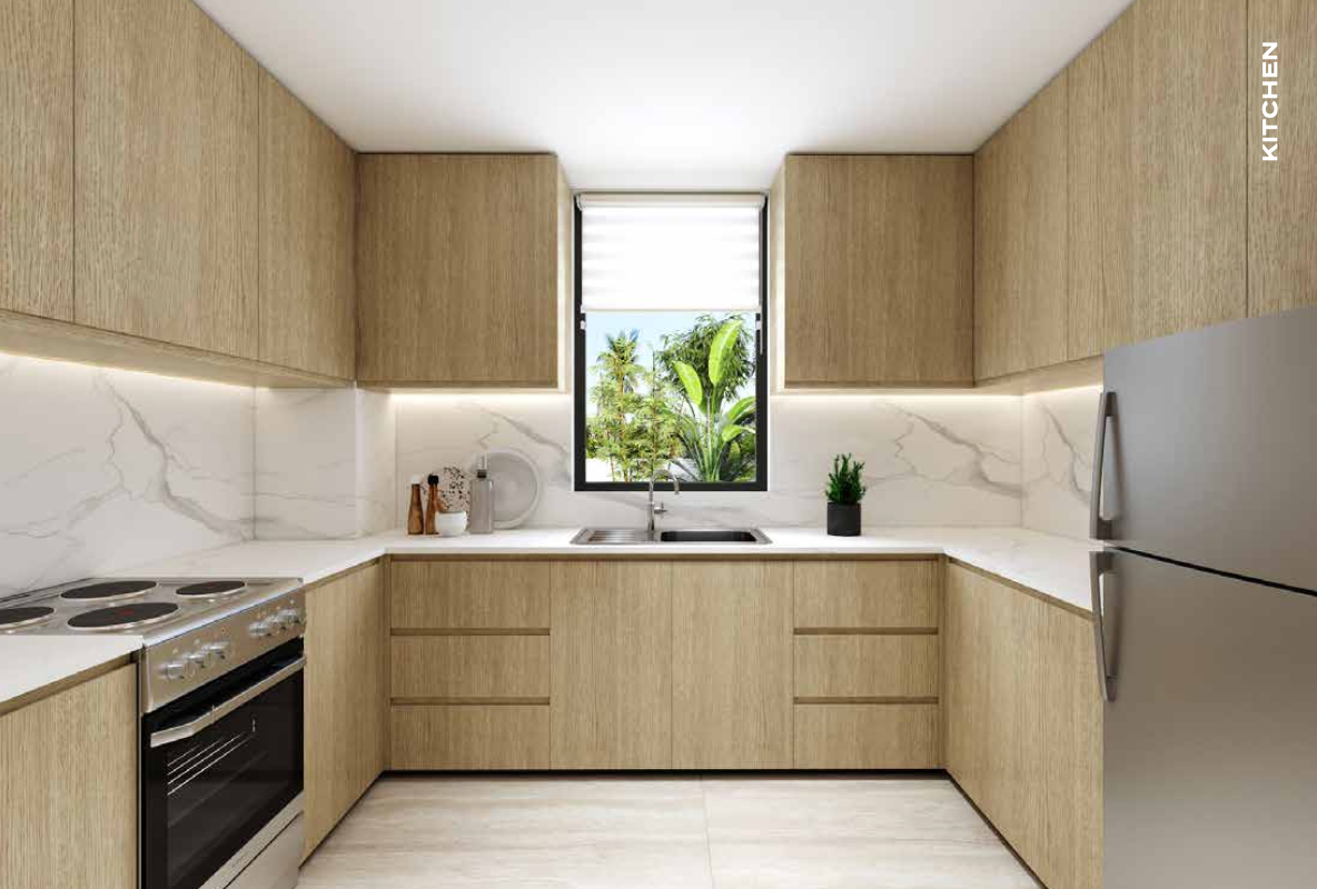 U-shaped modern kitchen with light wood cabinets, marble countertops, stainless steel appliances, and a window.