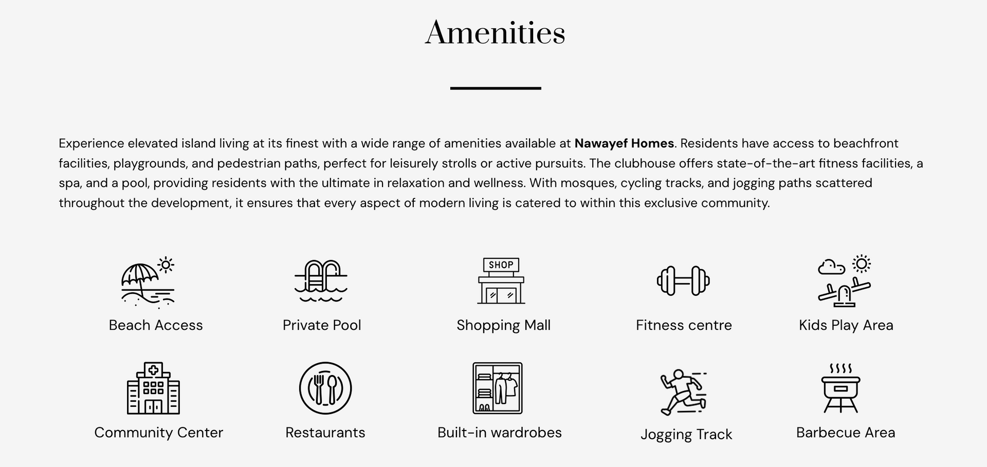 Amenities listed with icons for beach, gym, shopping mall, and more.