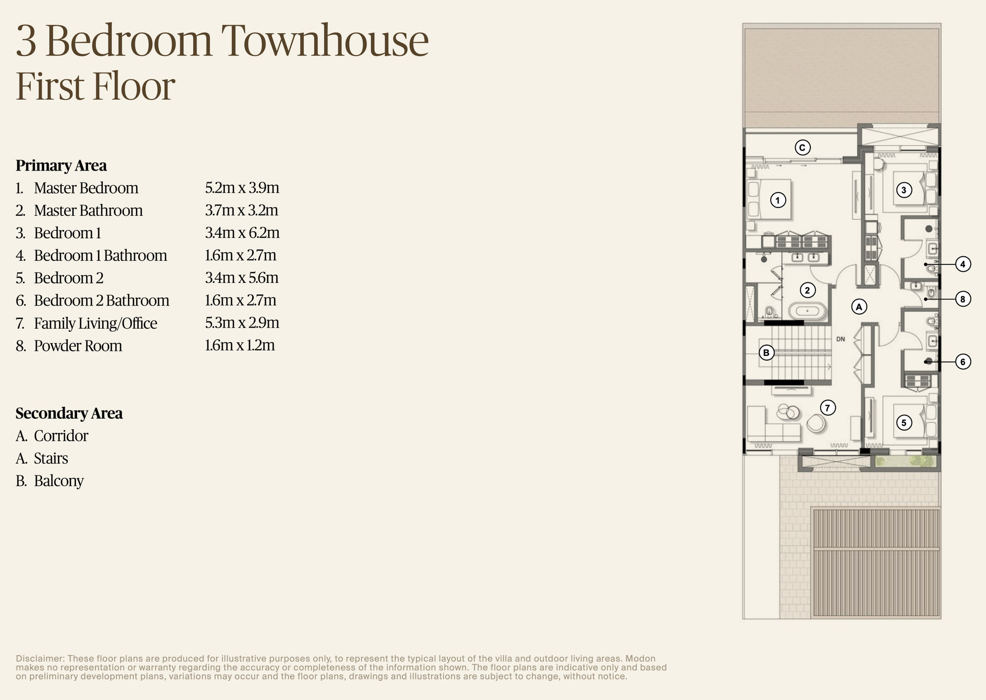 Floor plan of a 3-bedroom townhouse's first floor, with room labels and area measurements.