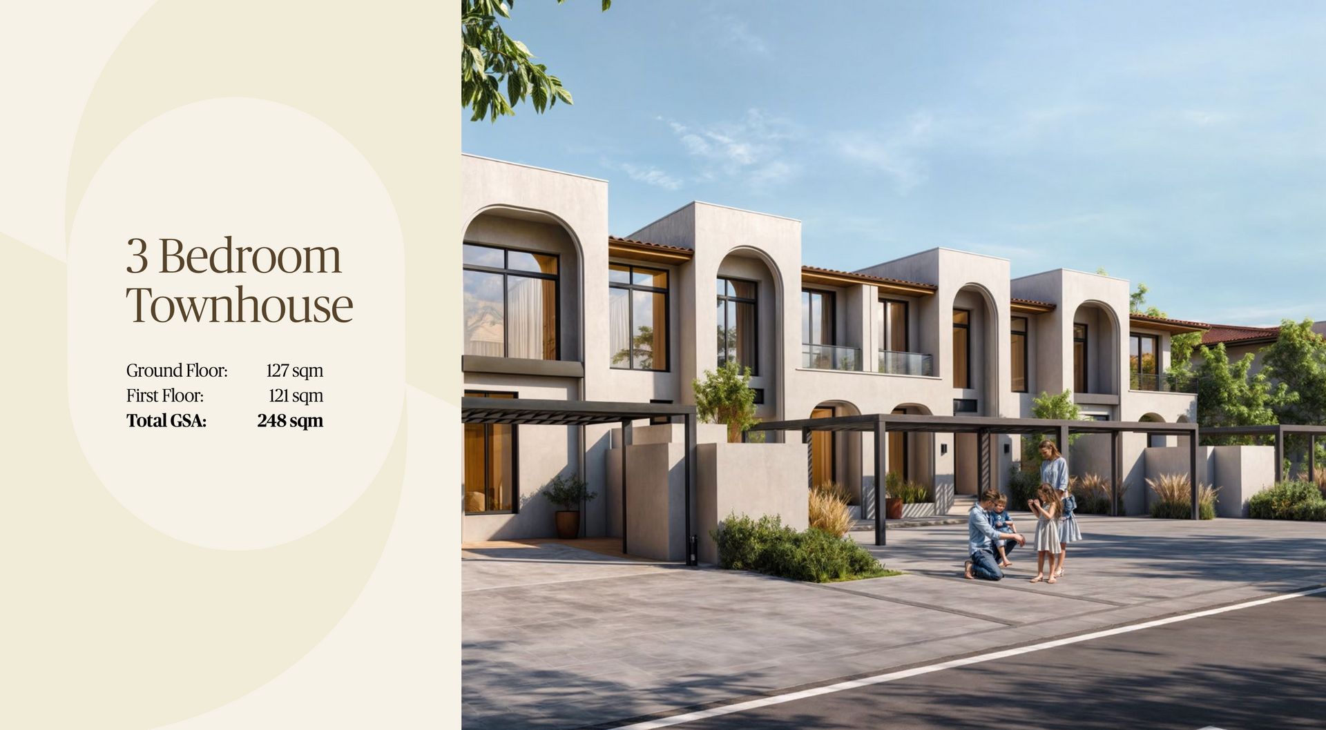 Exterior rendering of 3-bedroom townhouses with a family in the driveway. Beige stucco, covered parking.