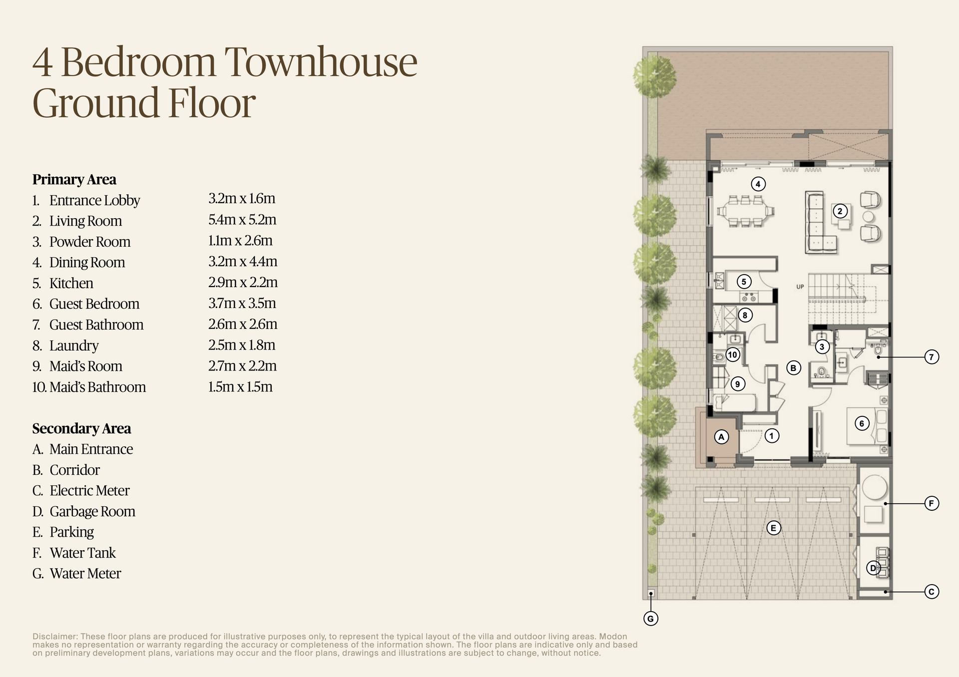 Floor plan of a 4-bedroom townhouse ground floor. It has a layout of the rooms with dimensions and trees in a side yard.
