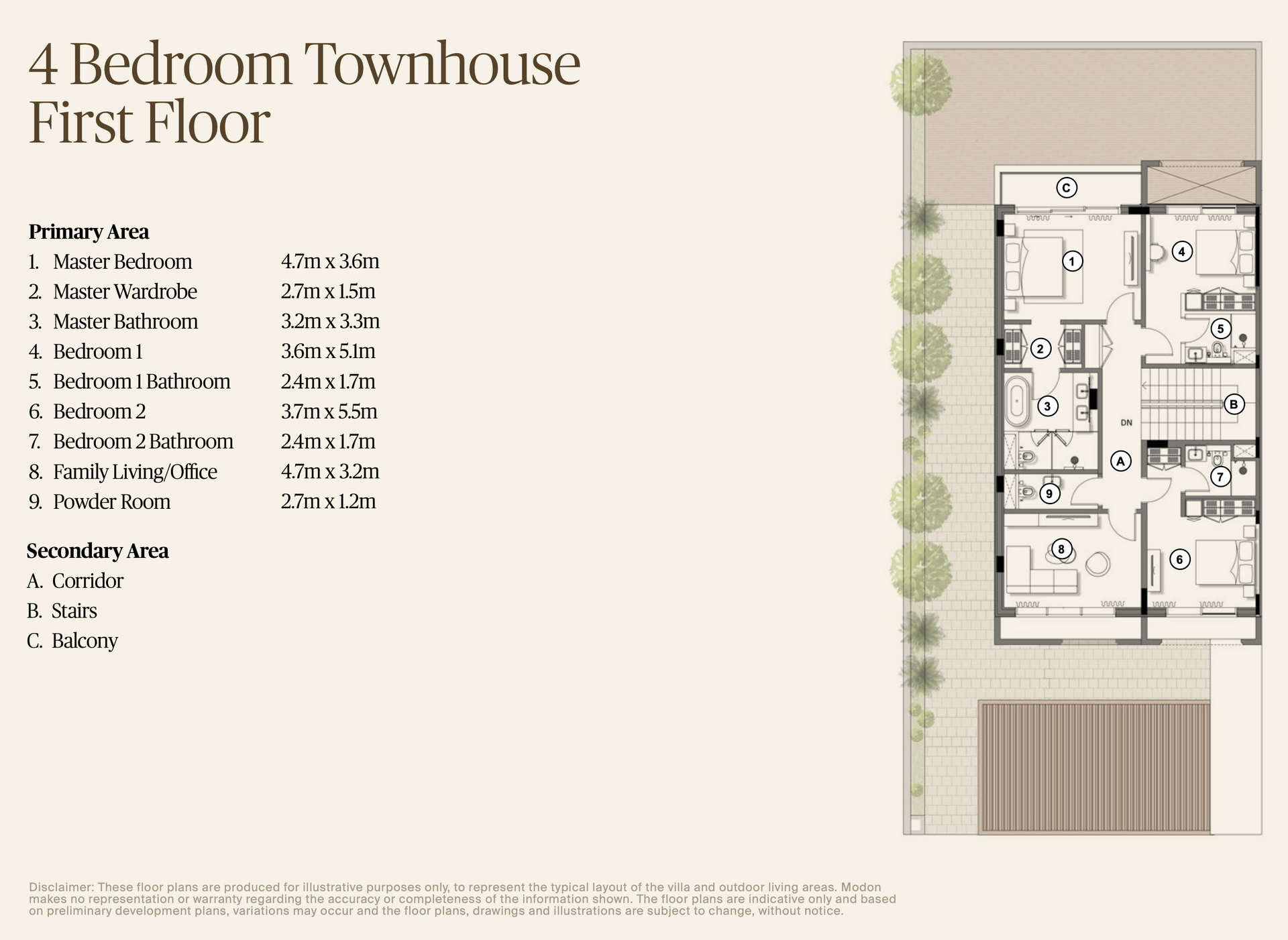 Floor plan of a 4-bedroom townhouse's first floor. Includes room names and dimensions in a list.