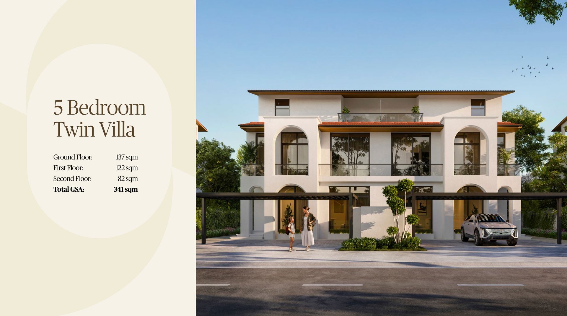 Architectural rendering of a 5-bedroom twin villa with a car parked in front and people walking.