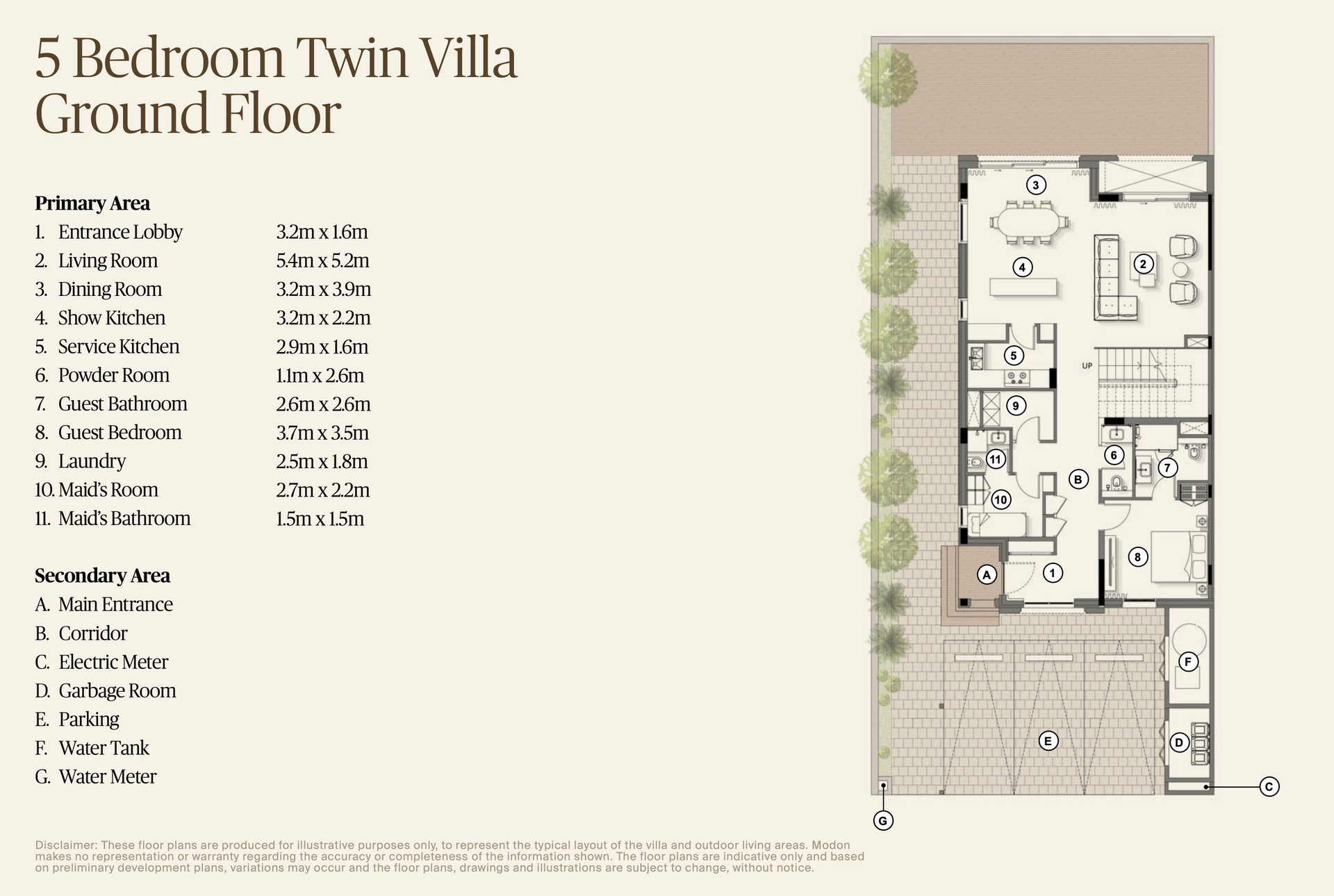 Floor plan of a 5-bedroom twin villa ground floor. Features include living room, dining room, kitchen, laundry.