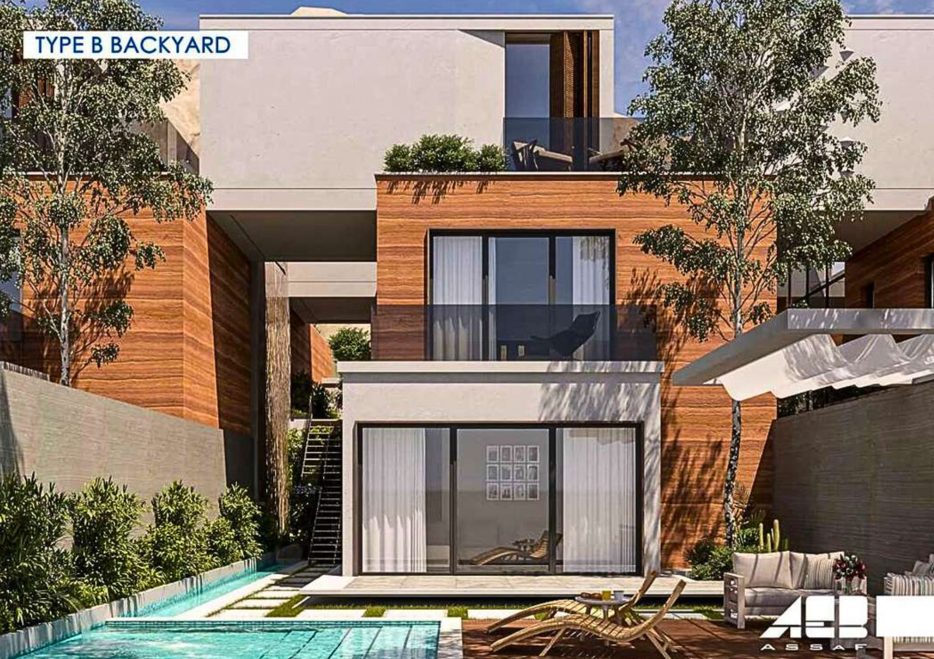 Modern multi-level home with a pool, patio, and backyard. Exterior features wood paneling and large windows.