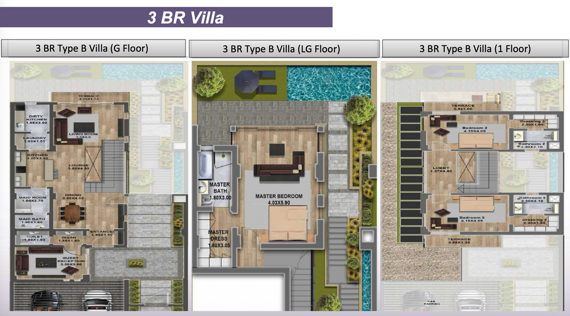 Floor plans of three 3-bedroom villas: Type A (with garage), Type B (with pool), and Type C (stacked layout).