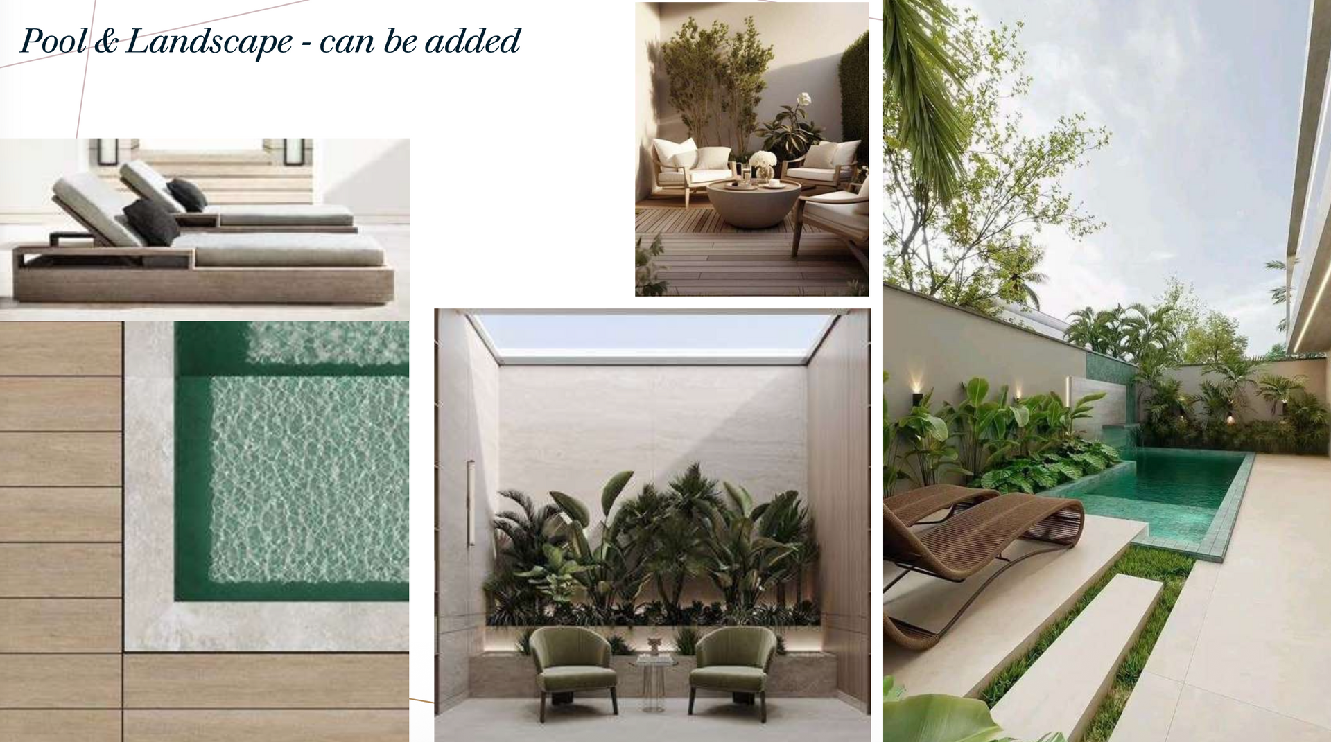 Collage of luxury outdoor spaces: patio furniture, pool, lush greenery, neutral tones.