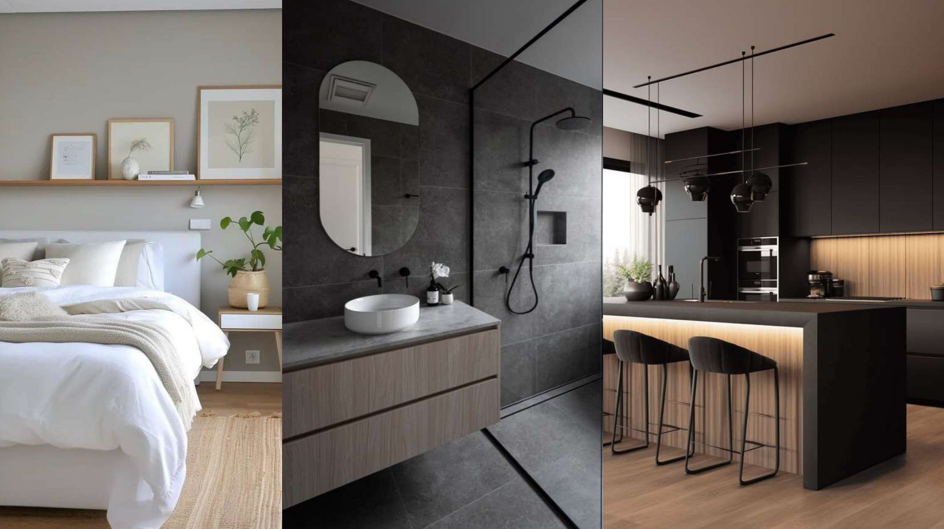 Bedroom, bathroom, and kitchen with modern minimalist design in neutral tones: wood, black, and gray.