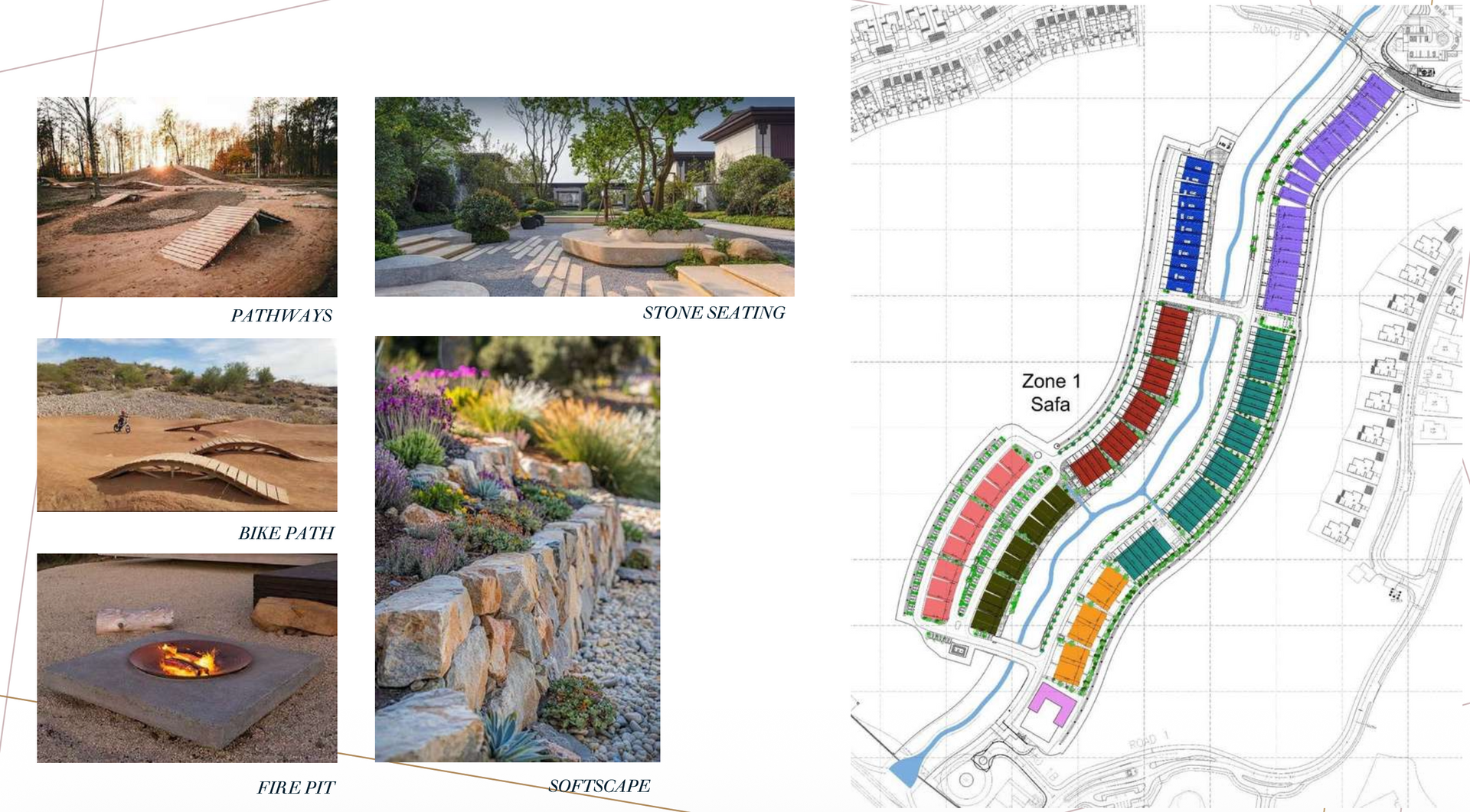 Collage with landscape design elements (fire pit, rock garden, playground) and a map of a residential area.