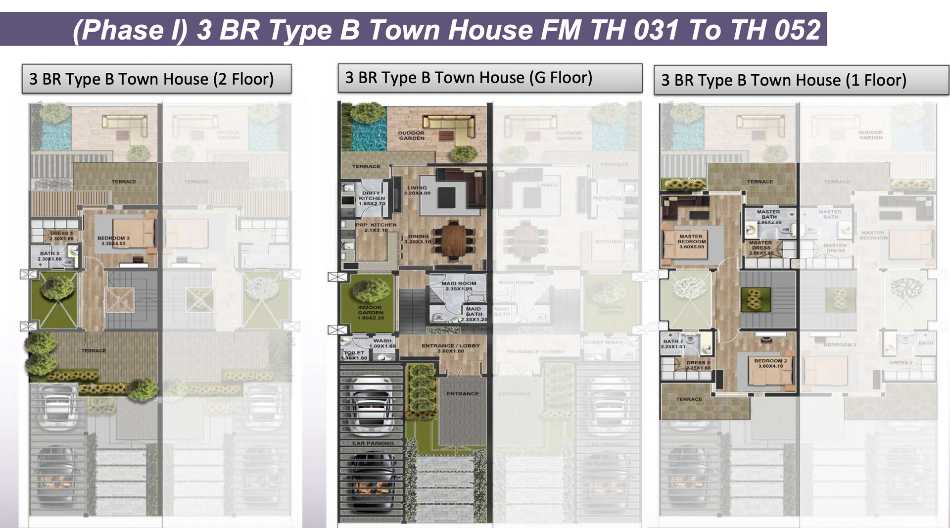 Floor plan for a 3-bedroom, Type B townhouse, showing three levels and labeled 