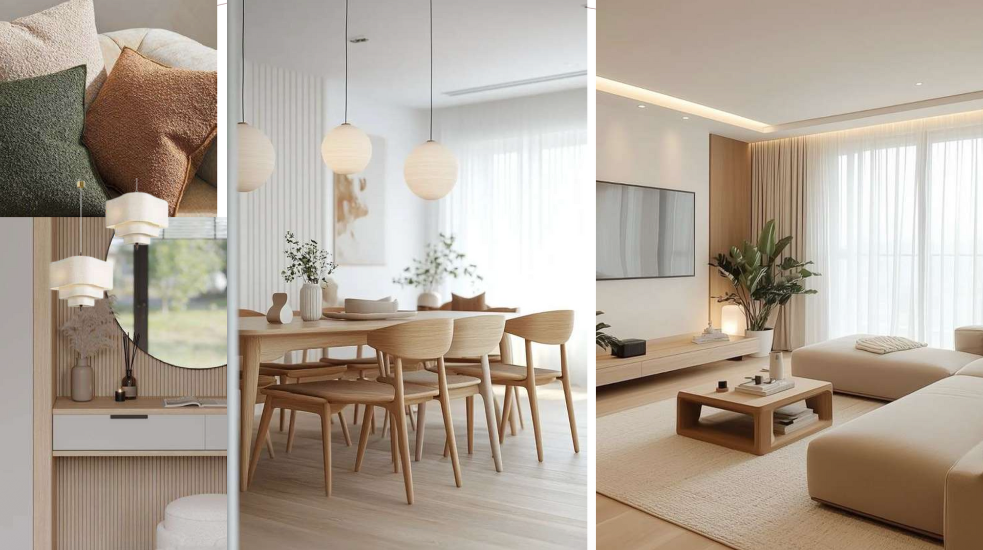 Three interior design scenes: bedroom, dining room, and living room, all with a neutral, minimalist aesthetic.