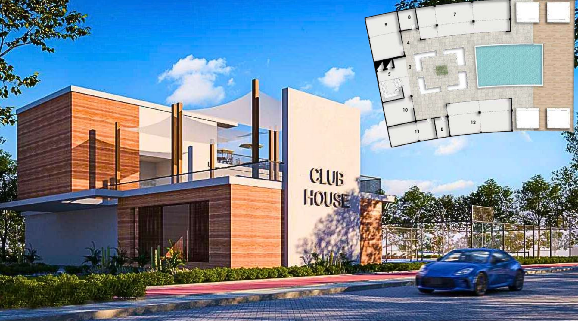 Modern clubhouse with a blue car in the parking lot and a blueprint overlay.
