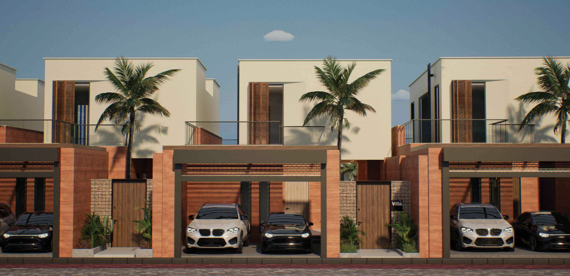 Row of modern townhouses with cars parked under carports.
