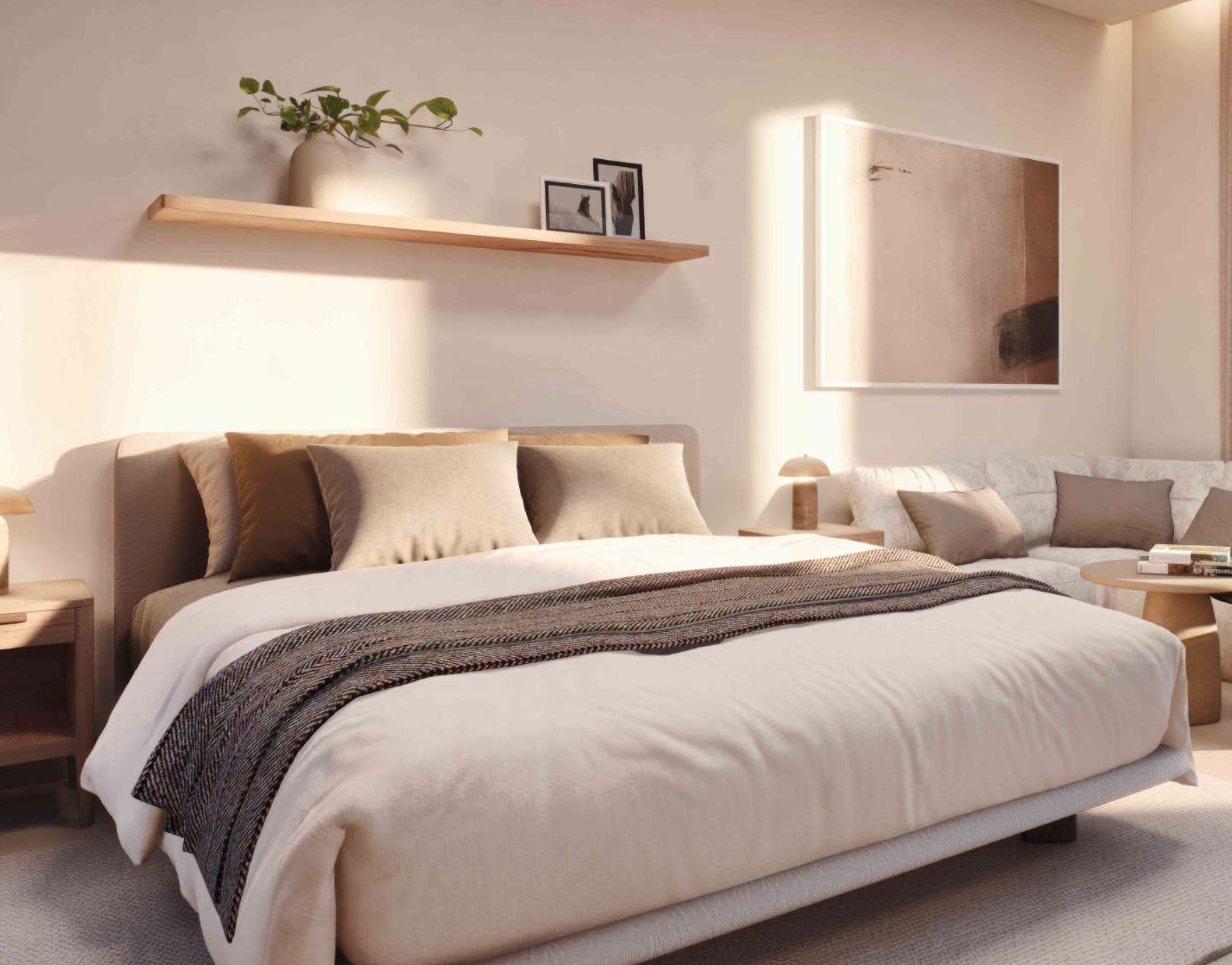 Bedroom with a bed, sofa, and wooden shelf with decor. Soft lighting and neutral tones.