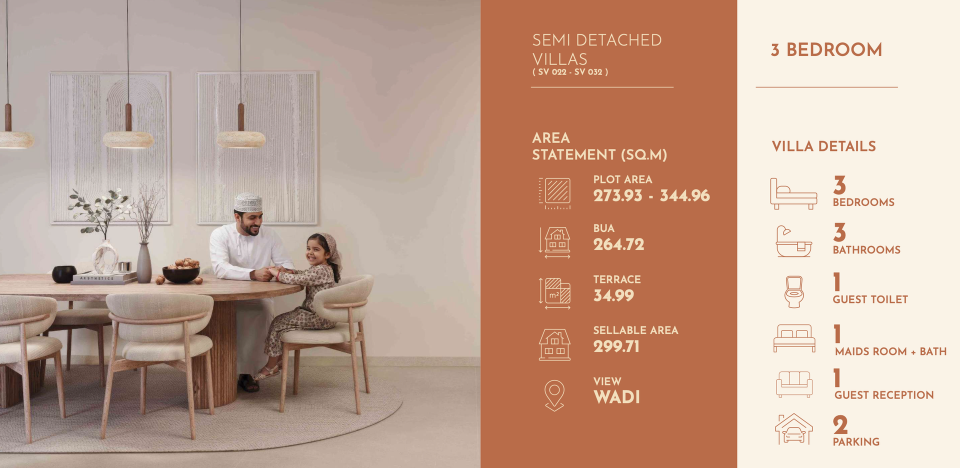 Family at a dining table, graphic details for a 5-bedroom villa with design and information.