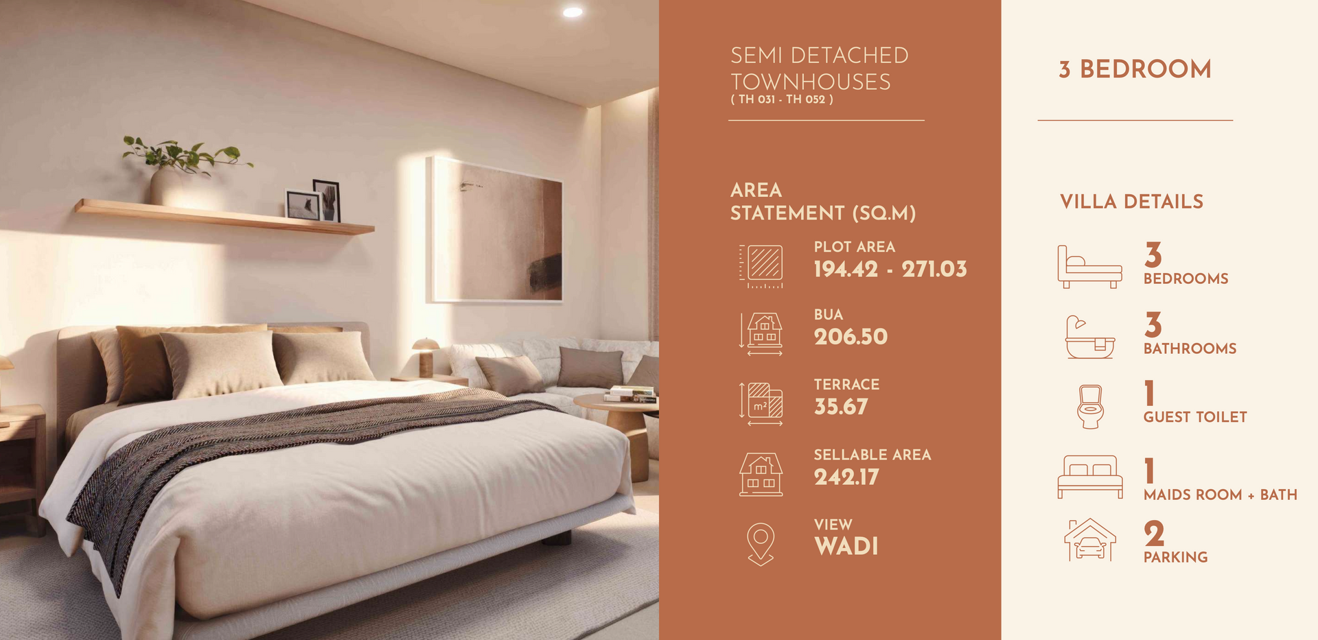 Bedroom interior with bed, couch, and a summary of dimensions and layout details.