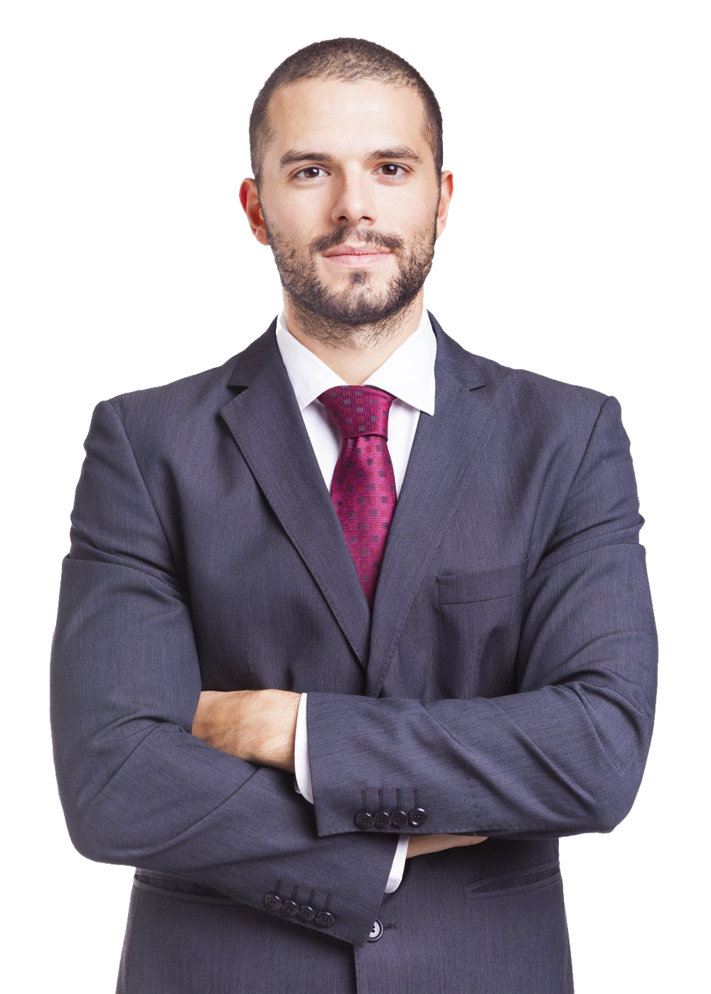 Man in a gray suit with arms crossed, wearing a maroon tie.