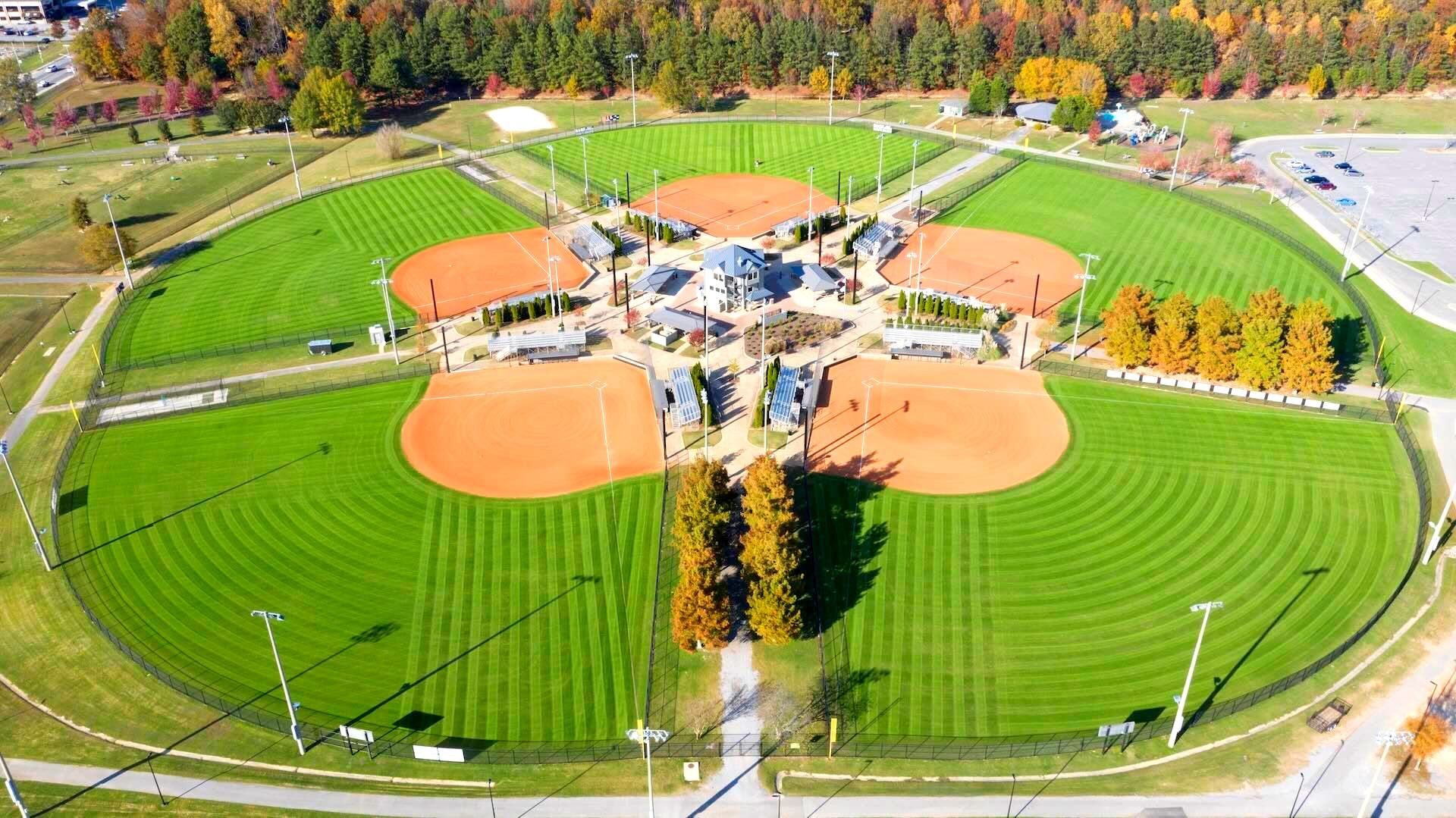 An overview photo of the Heritage Park Baseball and Softball fields