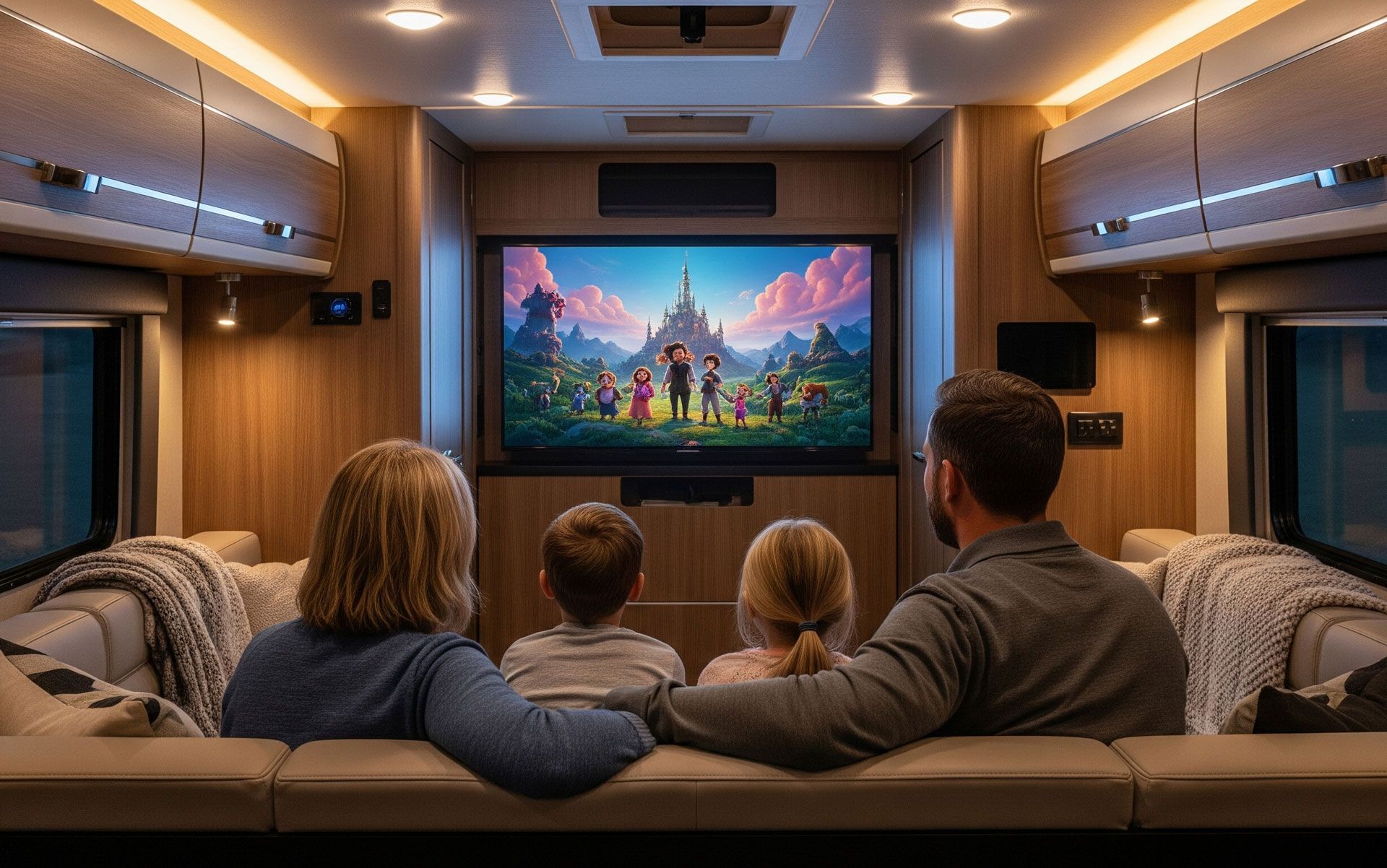 Family watching a movie on a large screen inside a wood-paneled RV.