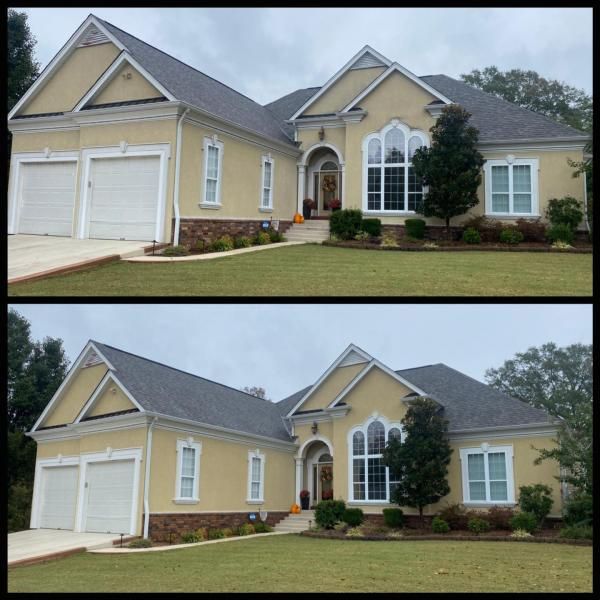 Two stacked photos of a yellow suburban house with a white garage and arched front windows