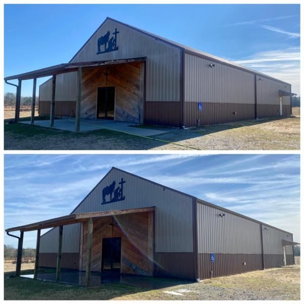 Side-by-side views of a tan metal barn with a porch, blue sky, and grassy field