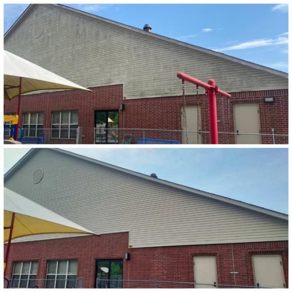 Before-and-after view of a brick building exterior with a red pipe structure and blue sky